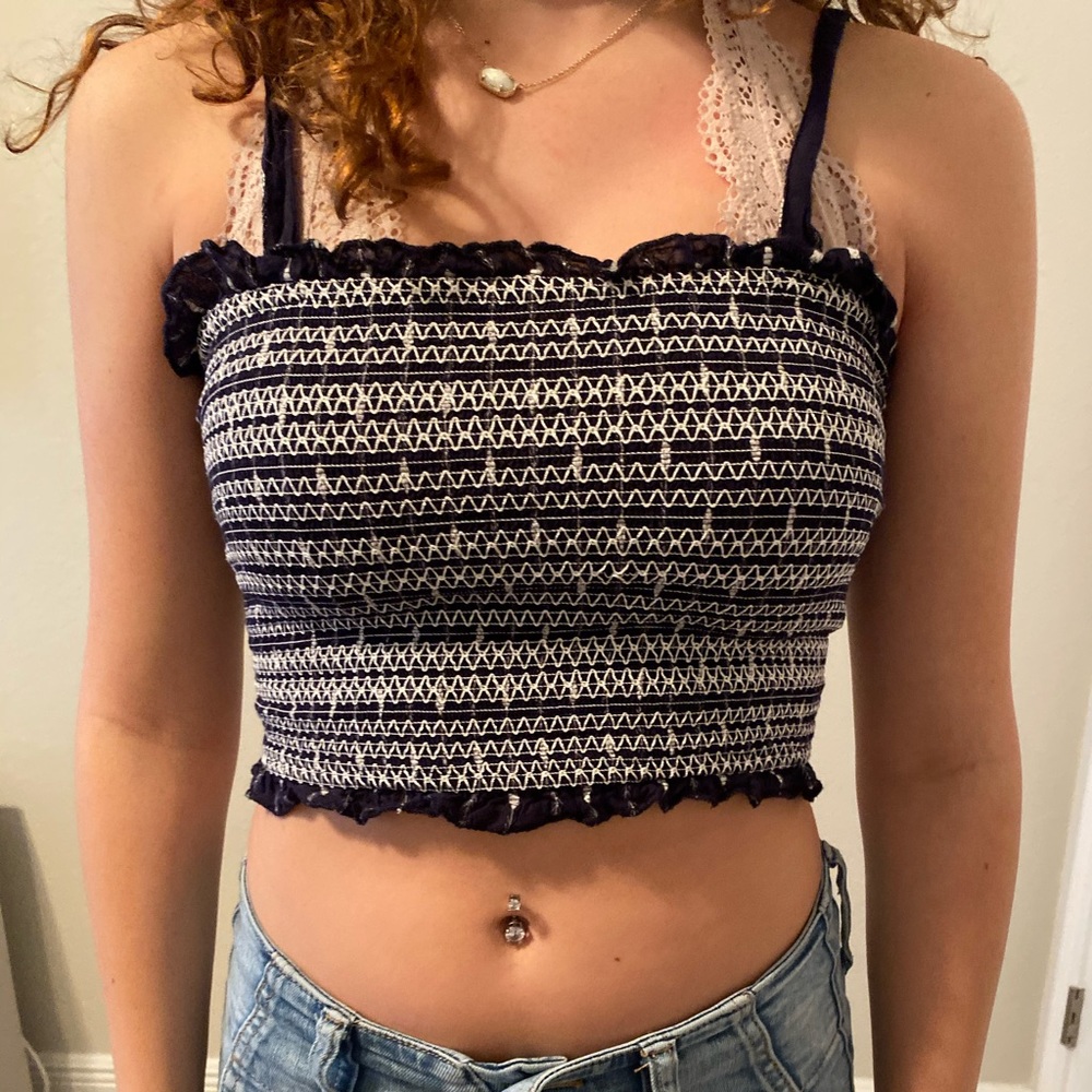 Navy blue & white cropped top w adjustable straps
